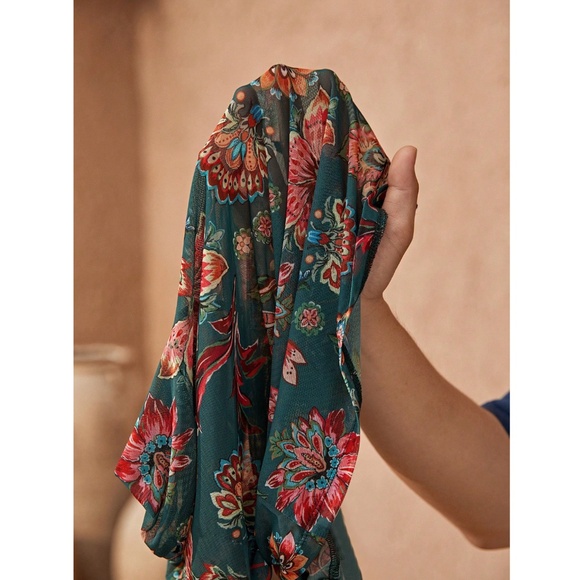 Green Multicolor Floral Print Mesh Sheer Shirt Top Long Sleeve - Picture 8 of 10